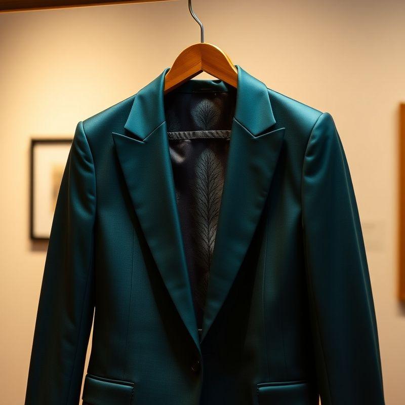 Teal blazer with Malaysian batik lining on a wooden hanger