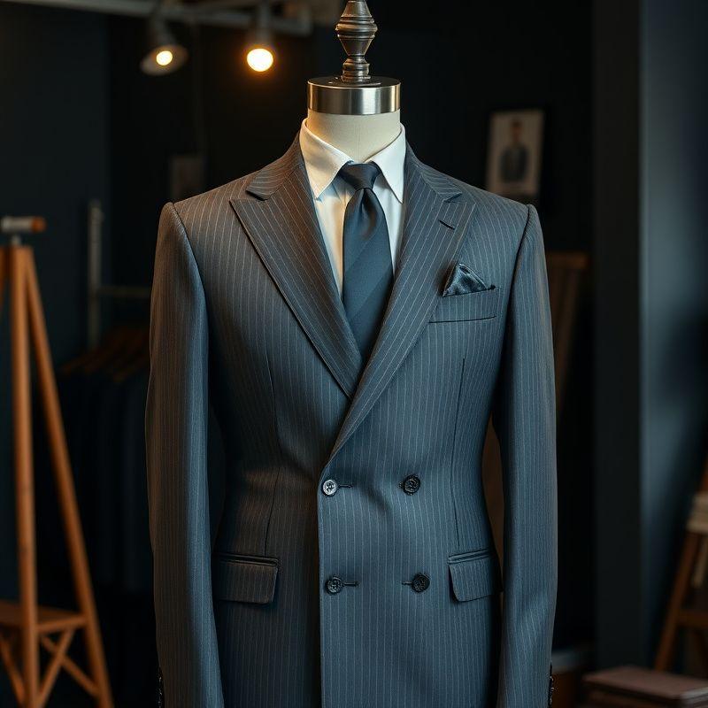 Charcoal pinstripe two-piece bespoke suit on a mannequin