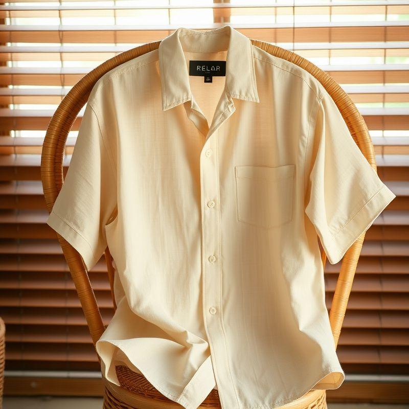 Sand-coloured linen shirt draped over a rattan chair