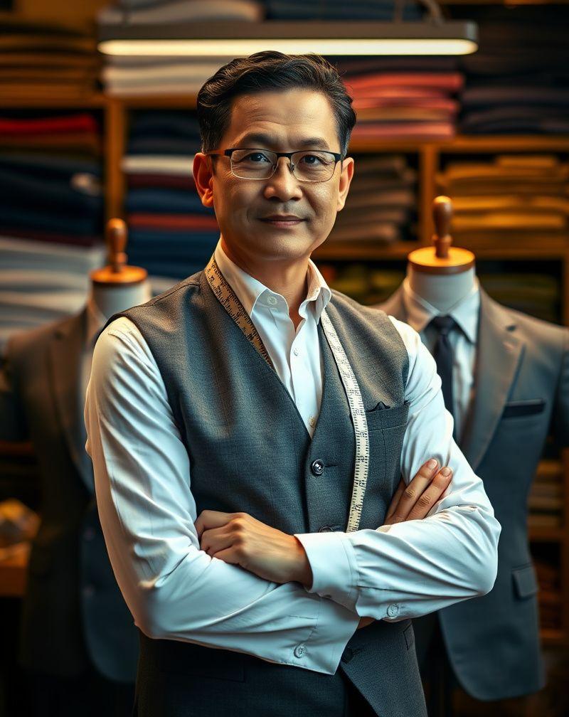 Master tailor standing beside a half-finished suit jacket in the HostVault atelier