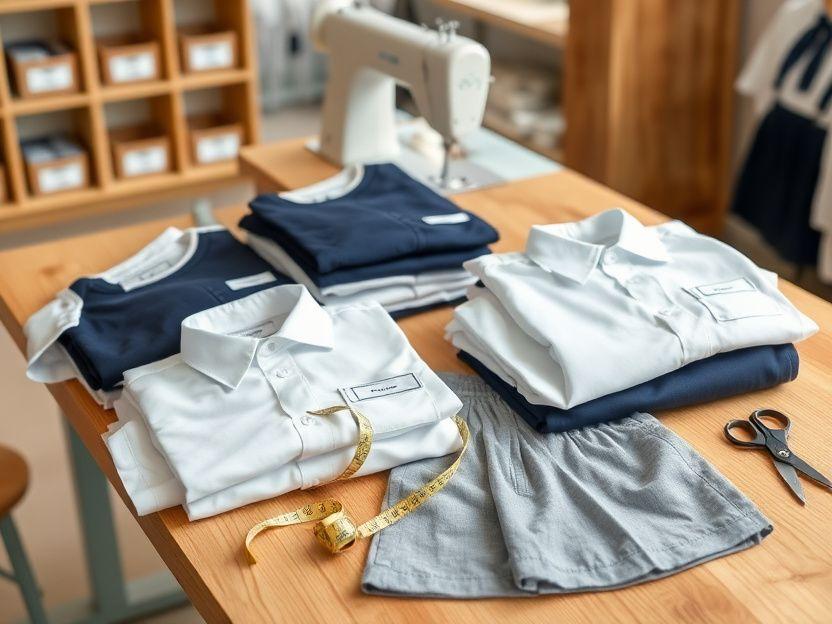 Neatly folded tailored school uniforms with name tags on a wooden table