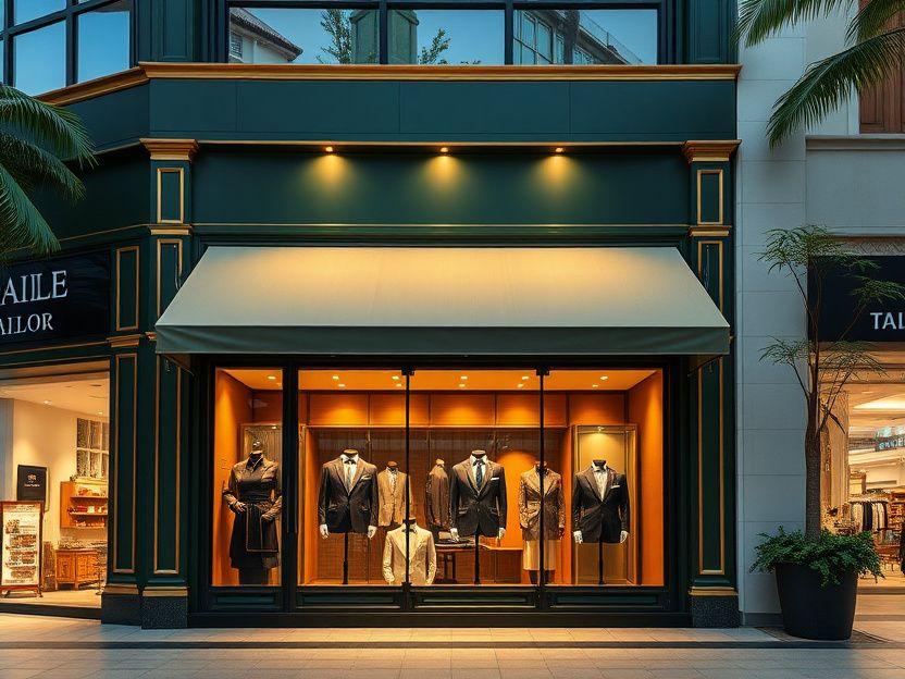 HostVault Tailors shopfront in the evening with suits displayed in the window