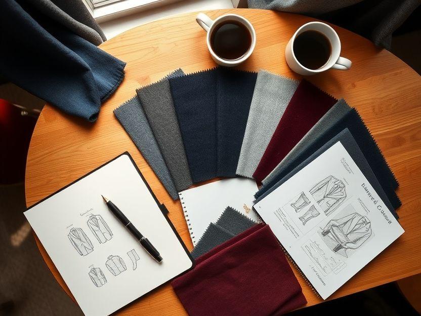 Fabric swatch books and suit sketches on a consultation table