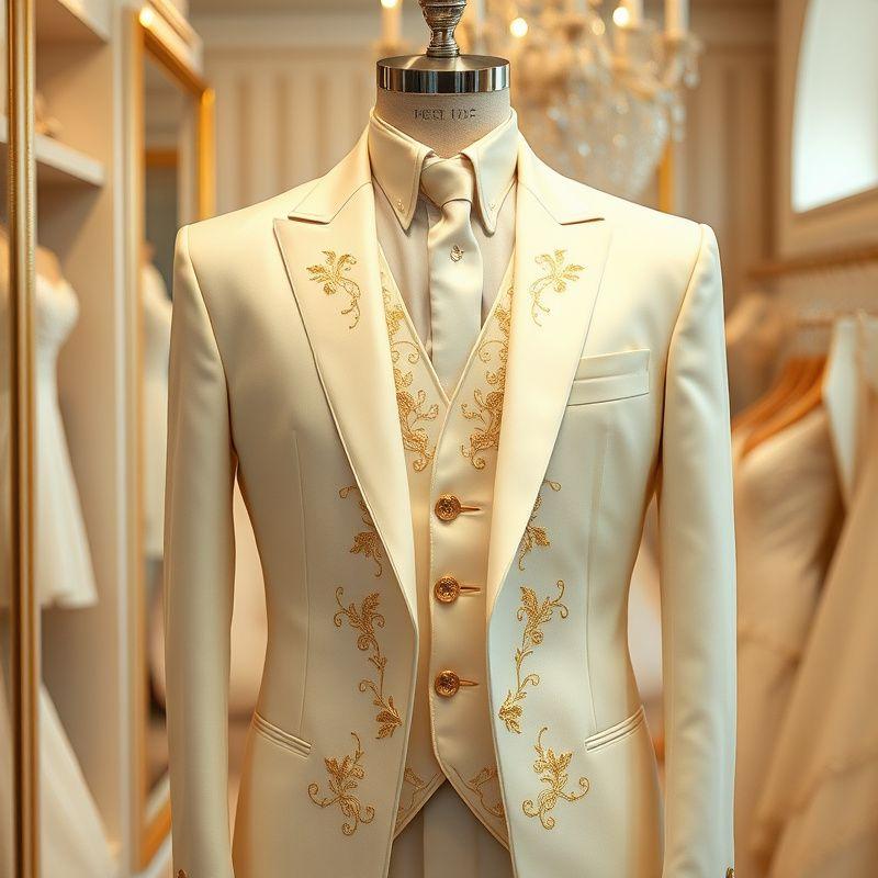 Ivory silk wedding suit with embroidered waistcoat